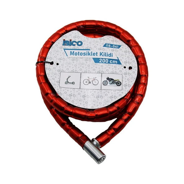 TÜP ANAHTARLI METAL KAFA ÇELİK MOTOR - BİSİKLET KİLİT SİLİNDİRİK SPİRAL KİLİT KIRMIZI KILIF22MM X 200CM (5067) ürün görseli 1