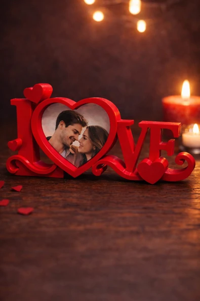 LOVE Yazılı Kalpli Fotoğraf Çerçevesi  Romantik Masaüstü Dekor Sevgiliye Hediye ürün görseli 1