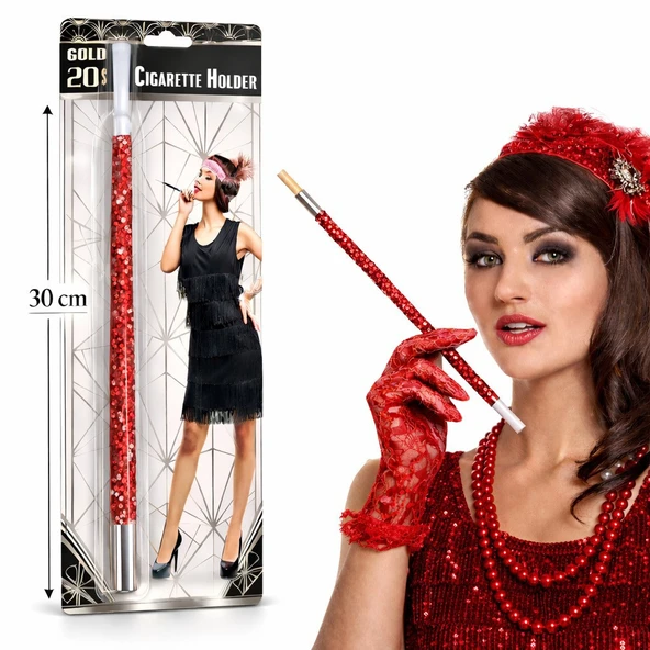 30 cm Kırmızı Payetli Sigara Tutacağı – 1920’ler Gatsby Parti Aksesuarı (5067) ürün görseli 1