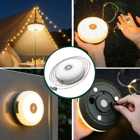 2’si 1 Arada 5 Farklı Işık Modlu Gün Işığı Şarjlı Kamp Lambası ve Makaralı 10 Metre Peri LED Işık – Su Geçirmez Mıknatıslı Aydınlatma Feneri (5067) ürün görseli 1