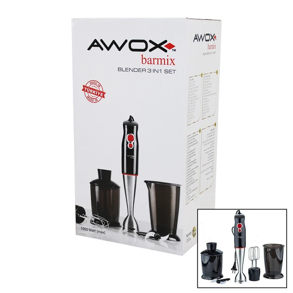 AWOX BARMİX  3İN1  BLENDER SETİ  ÇELİK 2Lİ MİKSER   ÇELİK RONDO BIÇAK   ÇELİK 4 KANATLI BIÇAK   1000W (5067) ürün görseli 1