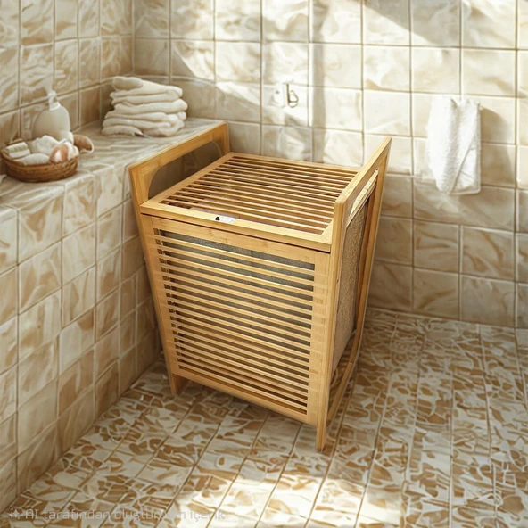 AHŞAP BAMBU KİRLİ ÇAMAŞIR SEPET KUMAŞ ÇANTALI SEPET=40X35X60CM (5067) ürün görseli 1