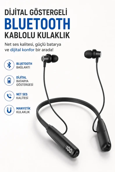 Dijital Batarya Göstergeli Bluetooth Özellikli Boyun Askılı Kulaklık ürün görseli 1