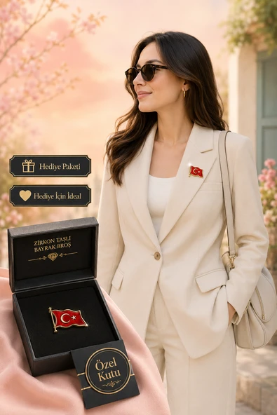 Türk Bayrağı Tasarımlı Kırmızı Mineli Kadın Broşu Şık Hediye Rozet ürün görseli 1