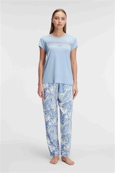 Amora Secret  Kısa Kol Bisiklet Yaka Kadın Viskon Çiçek Desenli Yazlık Örme Dantel Detaylı Pijama Takımı ürün görseli 1
