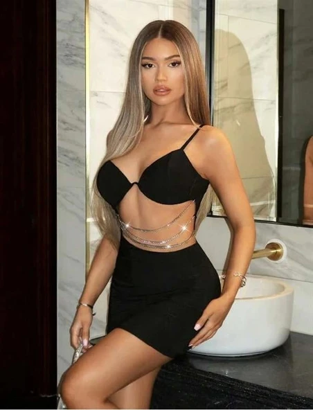 Amora Secret  Zincir Detaylı Göğüs Dekolteli Siyah Mini Club Elbisesi ürün görseli 1