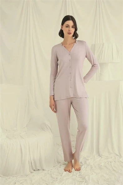 Amora Secret  Uzun Kollu Boydan Düğmeli V Yaka Pijama Takımı ürün görseli 1