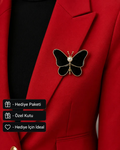 Siyah Butterfly Kadın Broşu İnci Detaylı Zarif Tasarım Hediye Aksesuarı ürün görseli 1