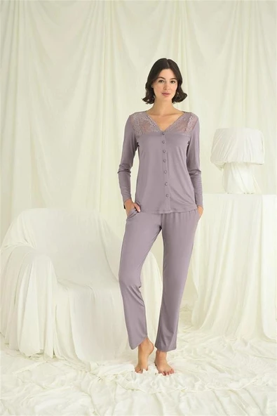 Amora Secret  Yakası Kolu Ve Omzu Dantelli Boydan Düğmeli Pijama Takımı ürün görseli 1