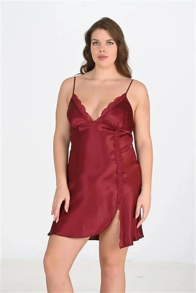 Amora Secret  Premium Büyük Beden Saten Dantel İşlemeli Bordo 2'li Gecelik Sabahlık Takımı Bigsize ürün görseli 1
