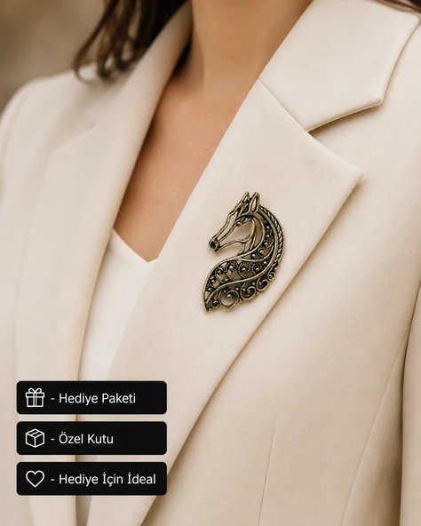 Vintage At Figürlü Kadın Broşu | Zarif Antik Görünümlü Hediye Aksesuar ürün görseli 1