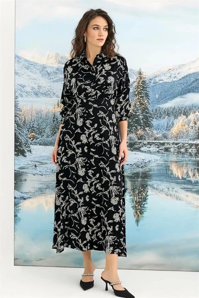 Amora Secret   Viskon Desenli Truvakar Kollu Saten Elbise ürün görseli 1