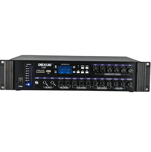 DEXUN D-300 250W 6 ZONE İKİ MİK GİRİŞ USB-BT 4/16-70-100V HAT TRAFOLU ANFİ ürün görseli 1