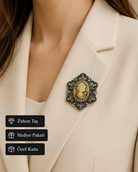 Vintage Kadın Silüetli Taş İşlemeli Broş Rozet Şık Hediye Aksesuarı ürün görseli 1
