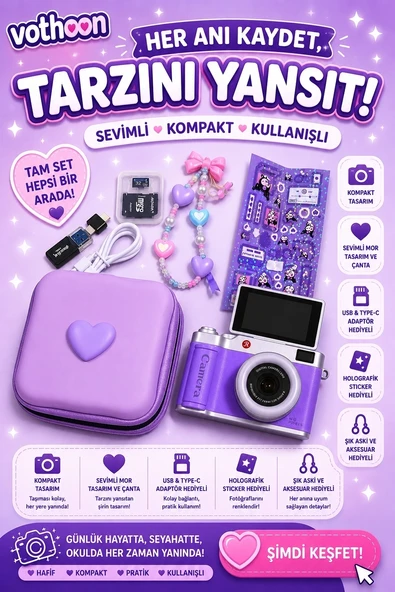 4k Çantalı Dijital Retro Video Kamera 48mp 16x Zoom Işıklı (32gb) Kart Dijital Fotoğraf Makinesi Mor ürün görseli 1