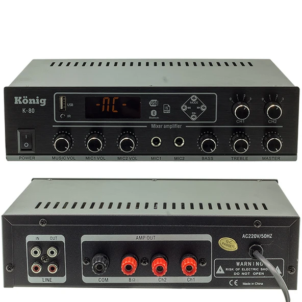 KÖNİG K-80 MİNİ-80W 100V/70V/4-16 OHM USB/SD/BLUETOOTH/2 BÖLGELİ 2 MİK GİRİŞ TRAFOLU ANFİ ürün görseli 1