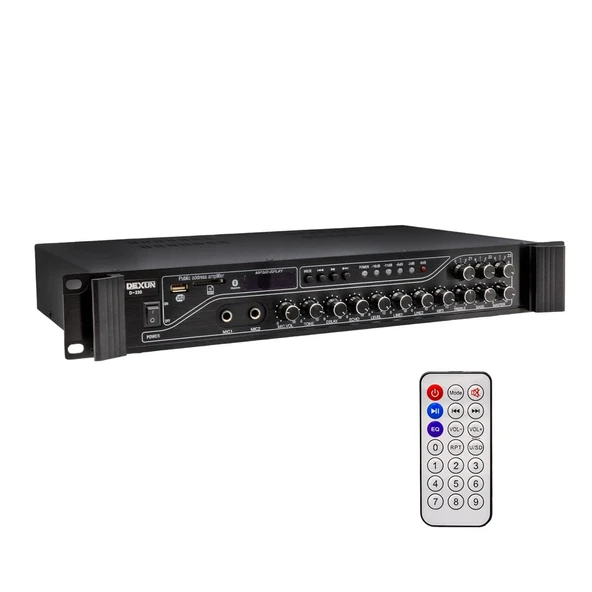 DEXUN D-230 250 WATT 3 ZONE İKİ MİK GİRİŞ USB-BT 4/16-70-100V HAT TRAFOLU ANFİ ürün görseli 1