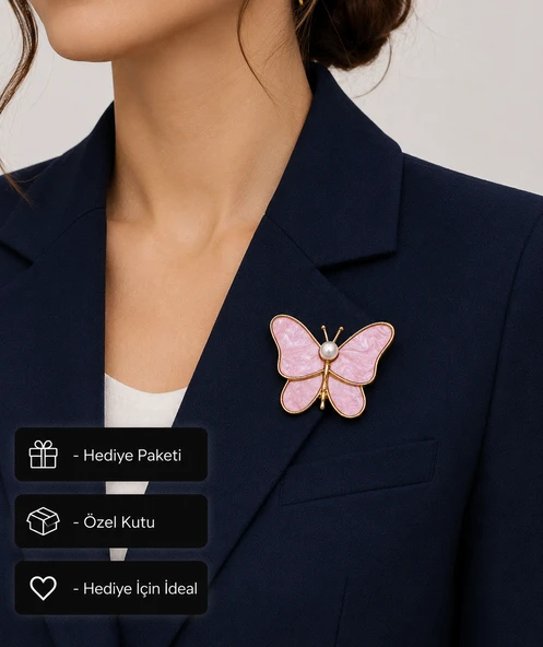 Pembe Butterfly Kadın Broşu | İnci Detaylı Zarif Altın Renk Hediye Aksesuar ürün görseli 1