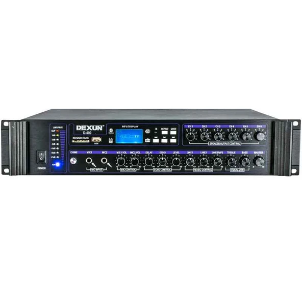 DEXUN D-400 500 W 100V/70V/4-16 OHM USB/SD/BT 6 BÖLGELİ 2 MİK 3 AUX GİRİŞLİ TRAFOLU MIXER ANFİ ürün görseli 1