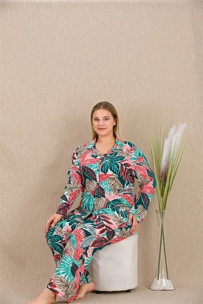 Amora Secret  Büyük Beden Renkli Yaprak Desenli Düğmeli Uzun Kol Viskon Pijama Takımı ürün görseli 1