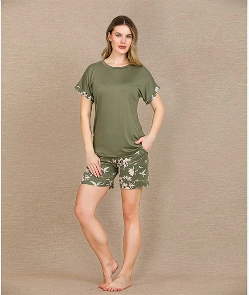Amora Secret  Şık Tasarım Çiçek Desenli Yeşil Şortlu Kısa Kol Viskon Pijama Takımı ürün görseli 1