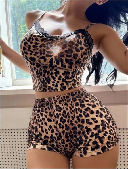 Amora Secret  Leopar Desenli Dantel İşlemeli İnce Askılı Şortlu Pijama Takımı ürün görseli 1