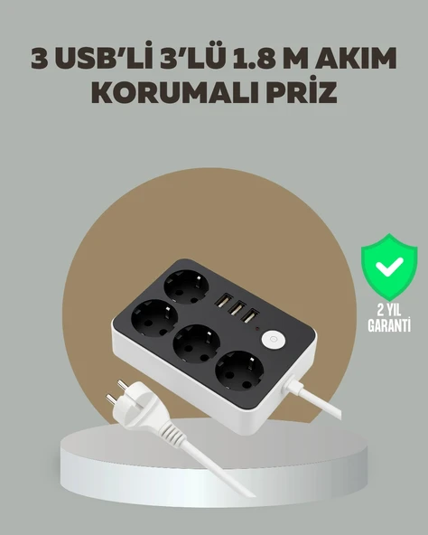Nevamel 4 Prizli 3 USB Portlu Anahtarlı Akım Korumalı Priz ürün görseli 1
