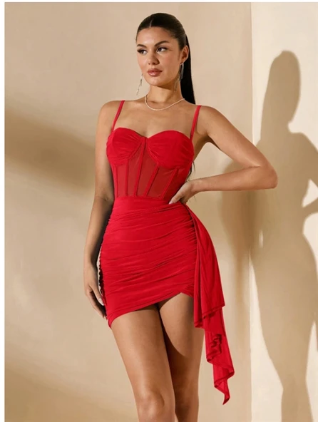 Amora Secret  Özel Şık Tasarım Kırmızı Korse Görünümlü Mini Club Elbisesi ürün görseli 1