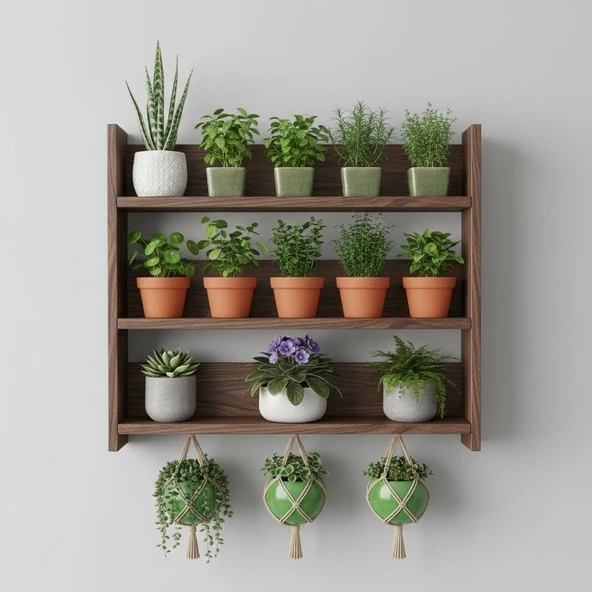 Ahşap Duvar Rafı - 3 Katlı Çok Amaçlı Mutfak ve Balkon Rafı - Saksılık - 50X50 cm ürün görseli 1