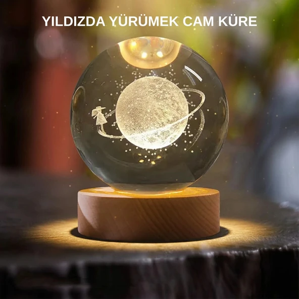 Nevamel® Sarı Işıklı Dekoratif Cam Küre Kız Figürlü Ahşap Standlı ürün görseli 1