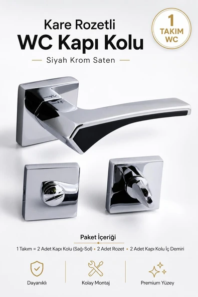 WC Kapı Kolu Kare Rozetli Sağa ve Sola Uygun Siyah Krom1 Takım ürün görseli 1