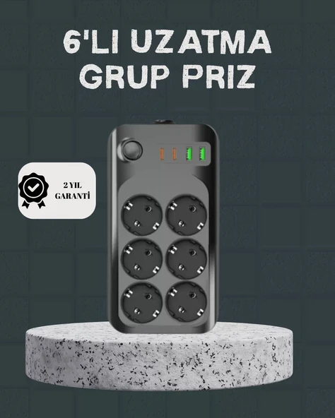 Nevamel® Termal Akım Korumalı 6’lı Uzatma Priz USB Type-C Hızlı Şarj 2500W ürün görseli 1