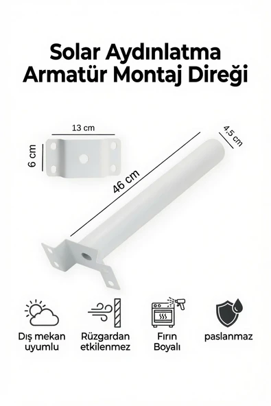 Solar Aydınlatma Armatür Montaj Direği 46 cm Fırın Boyalı Paslanmaz Dış Mekan Bahçe Duvar Direği ürün görseli 1