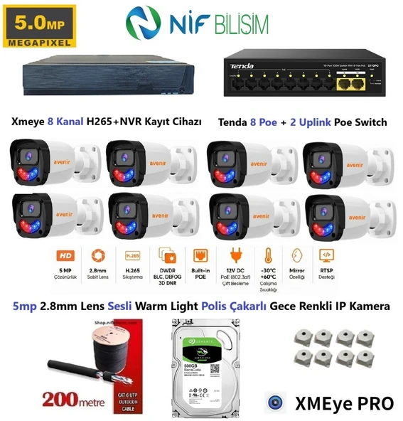 Xmeye 5mp 2.8mm Sabit Lens Polis Çakarlı Sesli Ve Gece Renkli 8 Kameralı IP Kamera Seti 500GB Disk ürün görseli 1