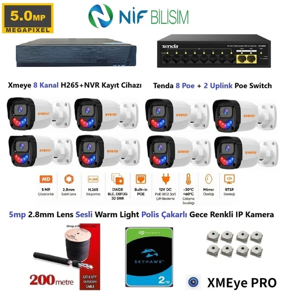 Xmeye 5mp 2.8mm Sabit Lens Polis Çakarlı Sesli Ve Gece Renkli 8 Kameralı IP Kamera Seti 2TB Disk ürün görseli 1