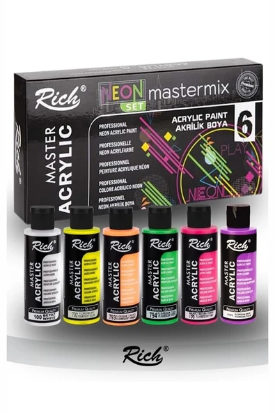 Rich Mastermix Akrilik Boya 6 Renk 60 ml 1 Paket Neon Renkler Akrilik Boya 6 lı Profesyonel Tuval Canvas ürün görseli 1