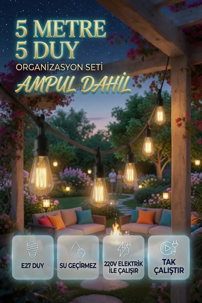 5 Metre 5 Duy Organizasyon Seti ST64 4W E27 Ampul Dahil Su Geçirmez 220V Bahçe Teras Festoon Dış Mekan Işık Zinciri ürün görseli 1