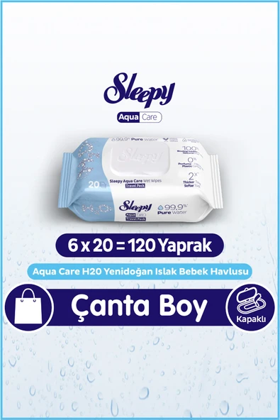 Sleepy AquaCare H2O Yenidoğan Islak Bebek Havlusu Seyahat Boy 6x20 (120 Yaprak) ürün görseli 1