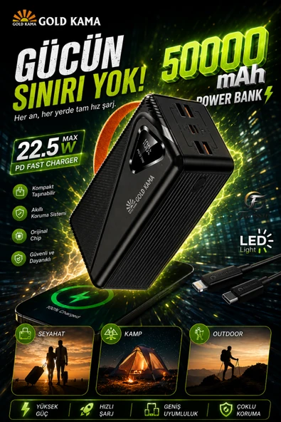 50000 mAh Powerbank 22.5W Hızlı Şarj PD Taşınabilir Güç Kaynağı Dijital Göstergeli LED Işıklı ürün görseli 1