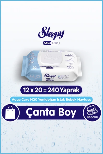 Sleepy AquaCare H2O Yenidoğan Islak Bebek Havlusu Seyahat Boy 12x20 (240 Yaprak) ürün görseli 1