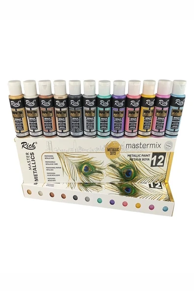 Rich Mastermix Akrilik Boya 12 Renk 60 ml 1 Paket Metalik Renkler Akrilik Boya 12 li Profesyonel Tuval Canvas Boyası ürün görseli 1