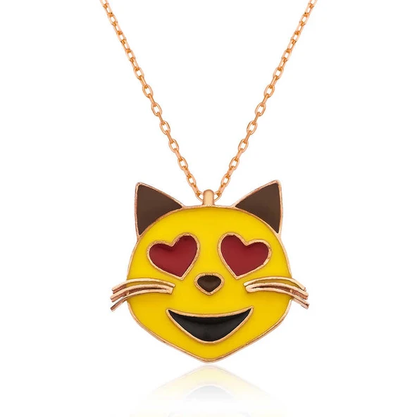 925 Ayar Gümüş Kalp Gözlü Kedi Emoji Kadın Gümüş Kolye ürün görseli 1