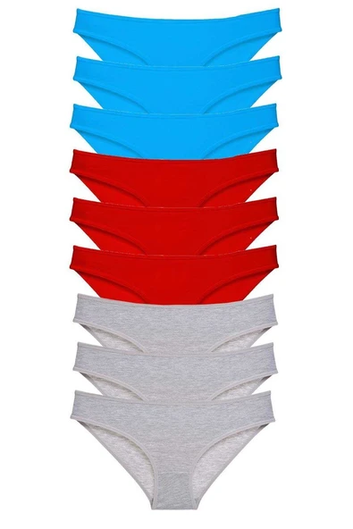 9 adet Süper Eko Set Likralı Kadın Slip Külot Kırmızı Gri Mavi ürün görseli 1