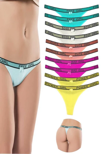 10 Adet Beli Yazılı Pamuk Kadın Tanga String Külot ürün görseli 1