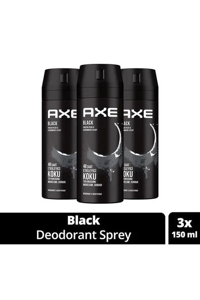 3 Adet Axe Erkek Deodorant & Bodyspray Black 48 Saat Etkileyici Koku Vücut Spreyi 150 ml ürün görseli 1