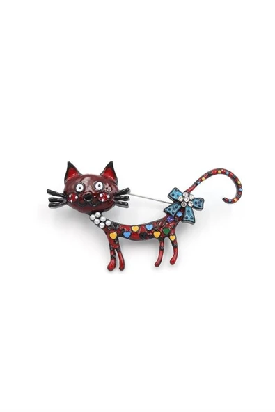 Süslü Kedi Broş - Kırmızı - Resim 2