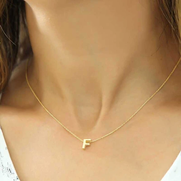 925 Ayar Gümüş Gold 3 Boyutlu F Harf Kadın Gümüş Kolye ürün görseli 1