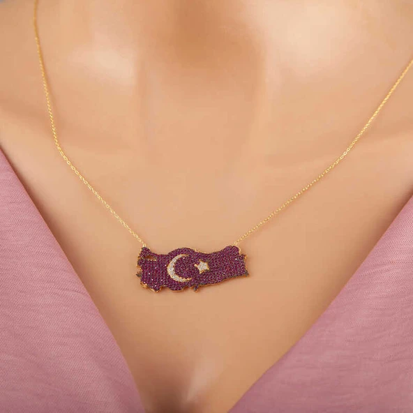 925 Ayar Gümüş Gold Ay Yıldız Türkiye Haritası Kadın Kolye ürün görseli 1