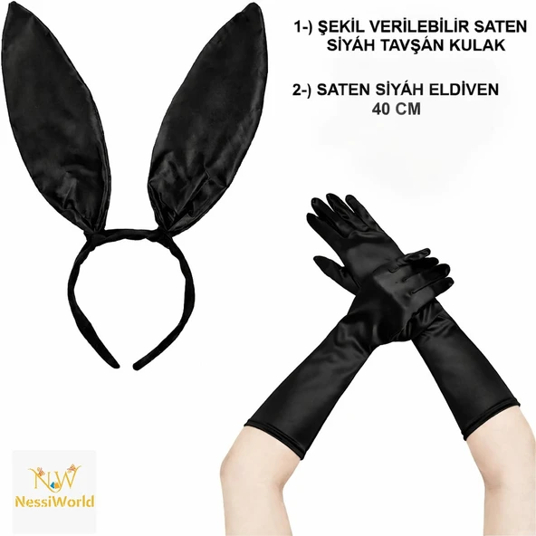 Siyah Parlak Tavşan Kulak ve 40 cm Parlak Siyah Eldiven Kostüm Seti ürün görseli 1