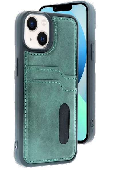 Newface Apple iPhone 14 Kılıf Sara Kartvizitli Deri Kılıf - Koyu Yeşil ürün görseli 1